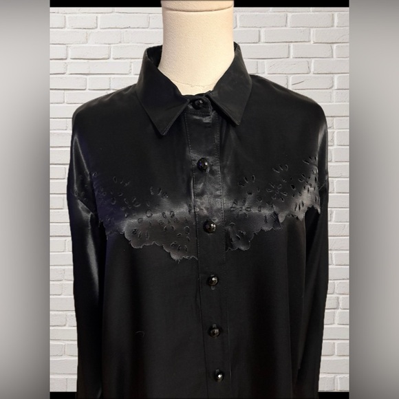 Vintage Panhandle Slim Black Western Shirt Floral Satin Yoke USA Made Size Large - Picture 1 of 7